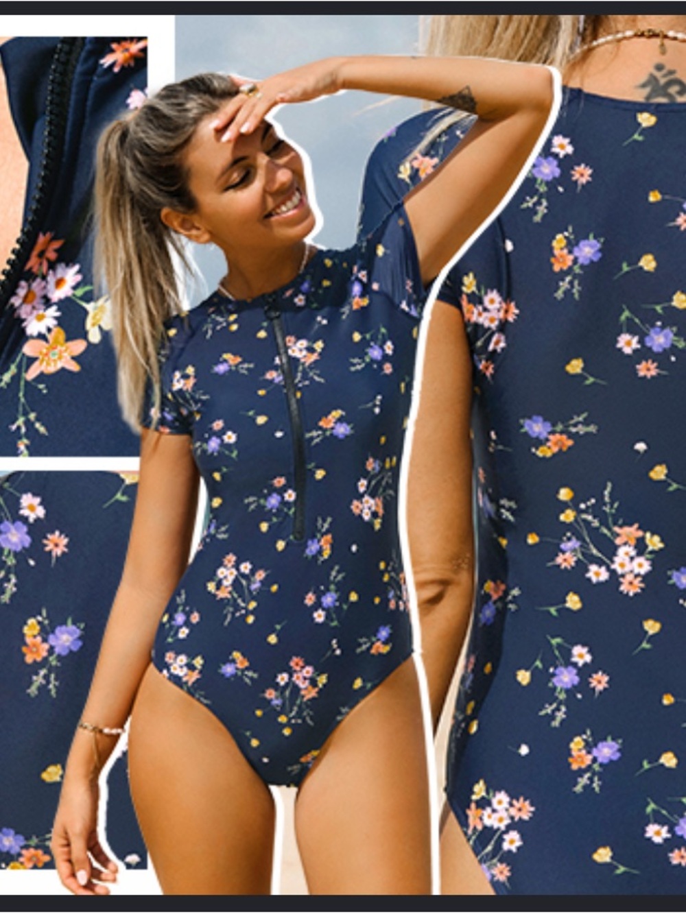 Cupshe Navy Floral Short-Sleeve One-Piece Swimsuit